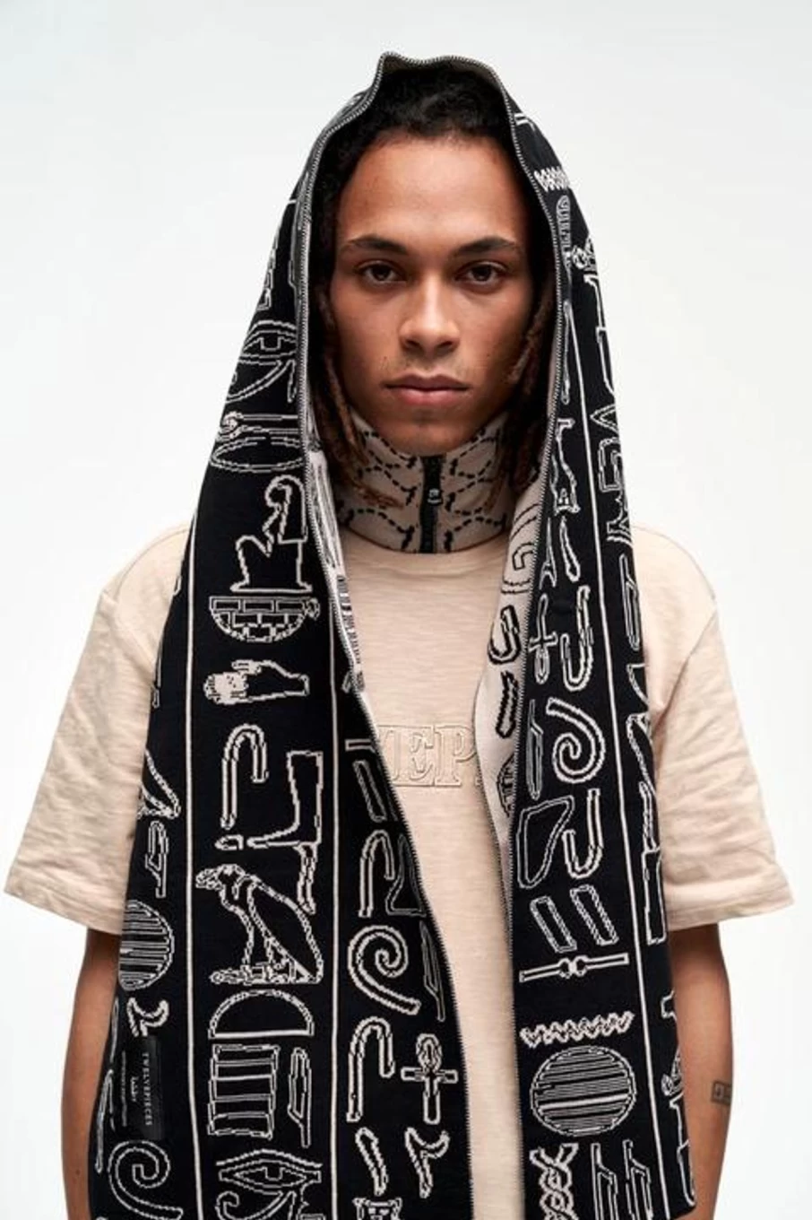 "TWELVEPIECES Knitted Scarf with Hieroglyph Design - Black, Brown, Beige Winter Fashion Accessory"