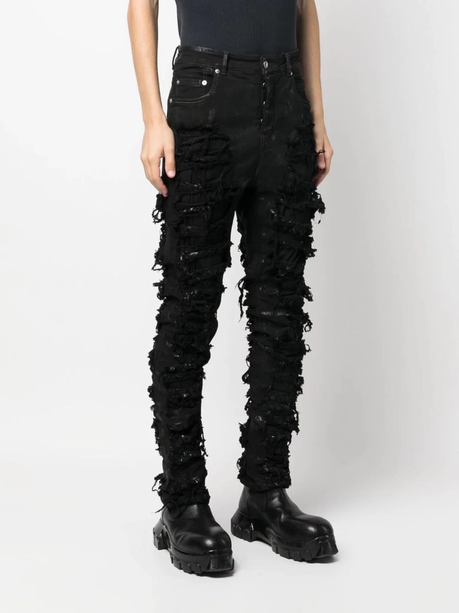 Rick Owens DRKSHDW Detroit Cut Distressed Denim Pants Men's High-Quality Slim Fit Jeans