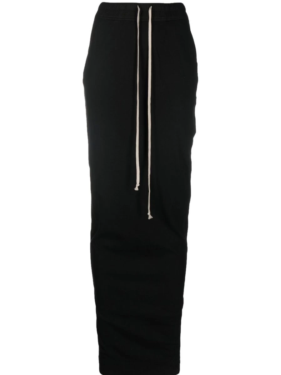 Rick Owens DRKSHDW Pillar Pull-On Skirt - Minimalist Black High-Waisted Stretch Denim Midi Skirt