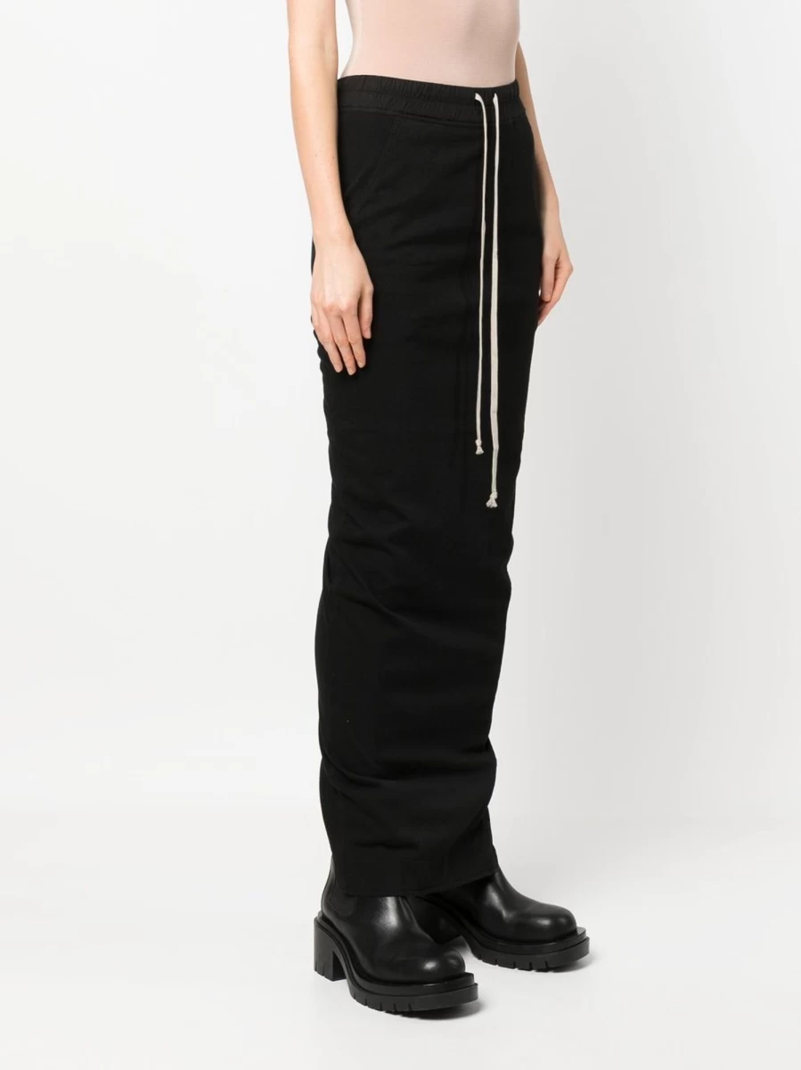 Rick Owens DRKSHDW Pillar Pull-On Skirt - Minimalist Black High-Waisted Stretch Denim Midi Skirt