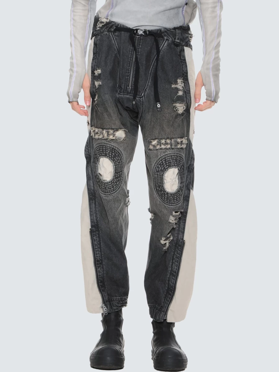 HAMCUS Geo Panel Distressed Jeans - Vintage Soda Wash Denim Pants for Men & Women