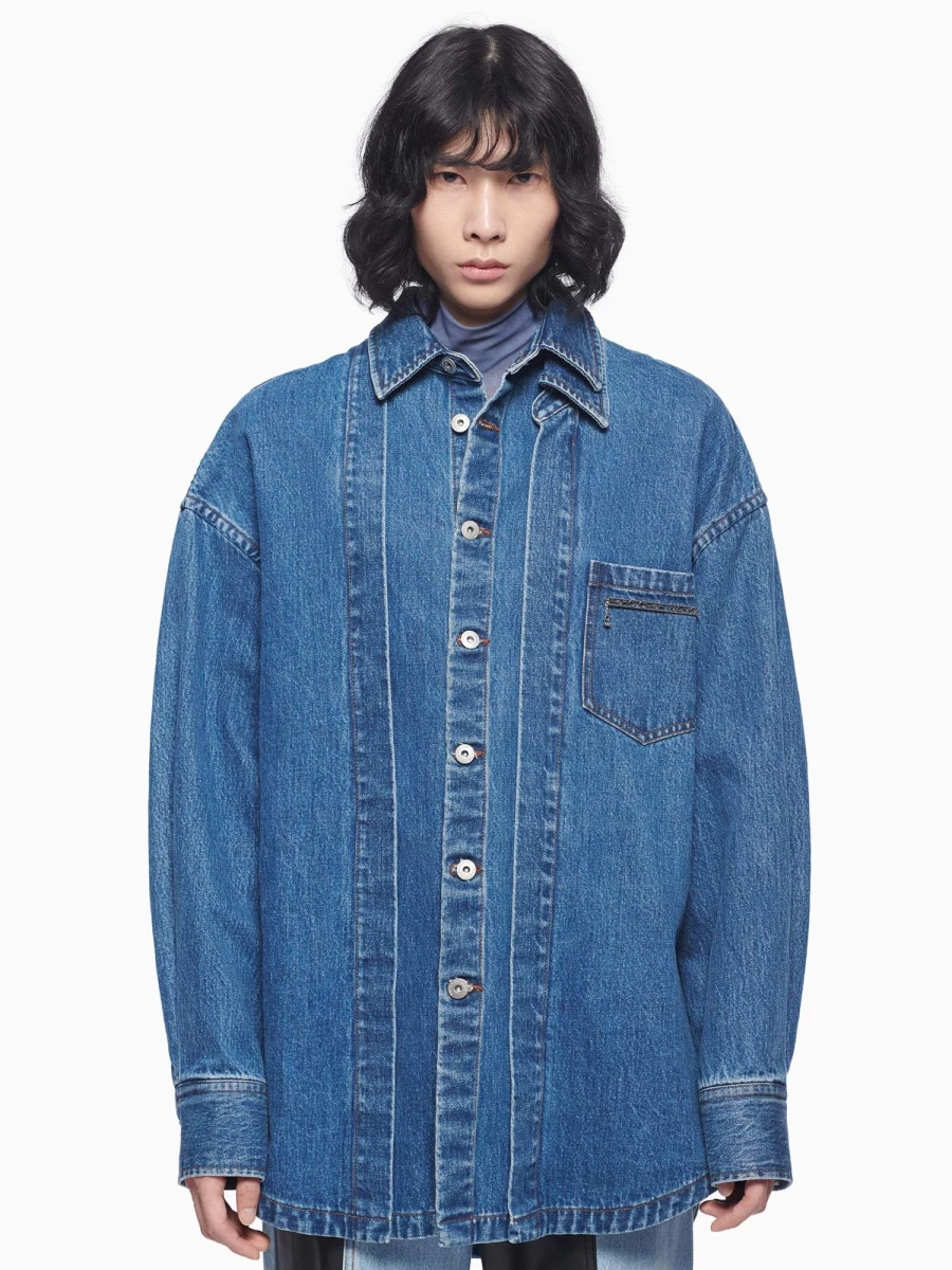 Feng Chen Wang Vintage Washed Denim Shirt - Distressed Retro Blue Jeans Style Oversized Button Up Top