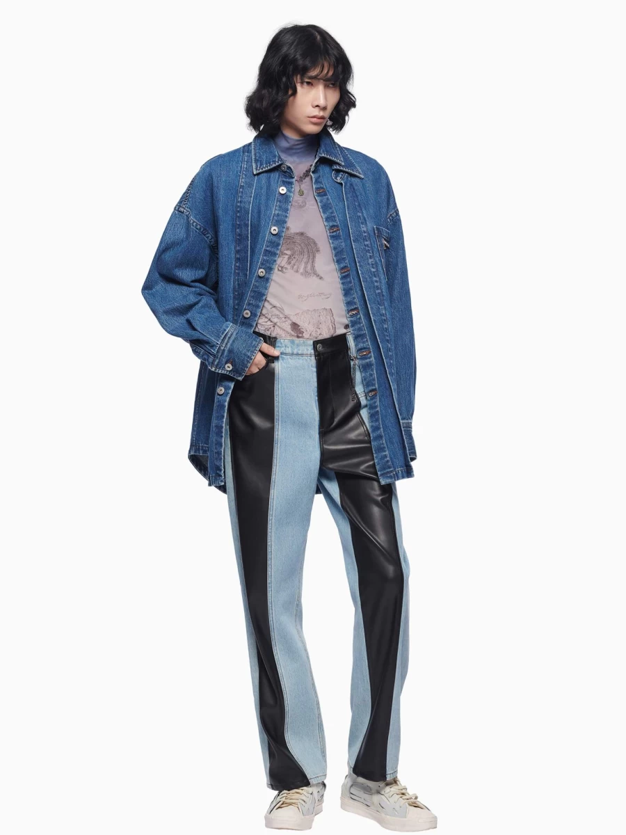 Feng Chen Wang Vintage Washed Denim Shirt - Distressed Retro Blue Jeans Style Oversized Button Up Top