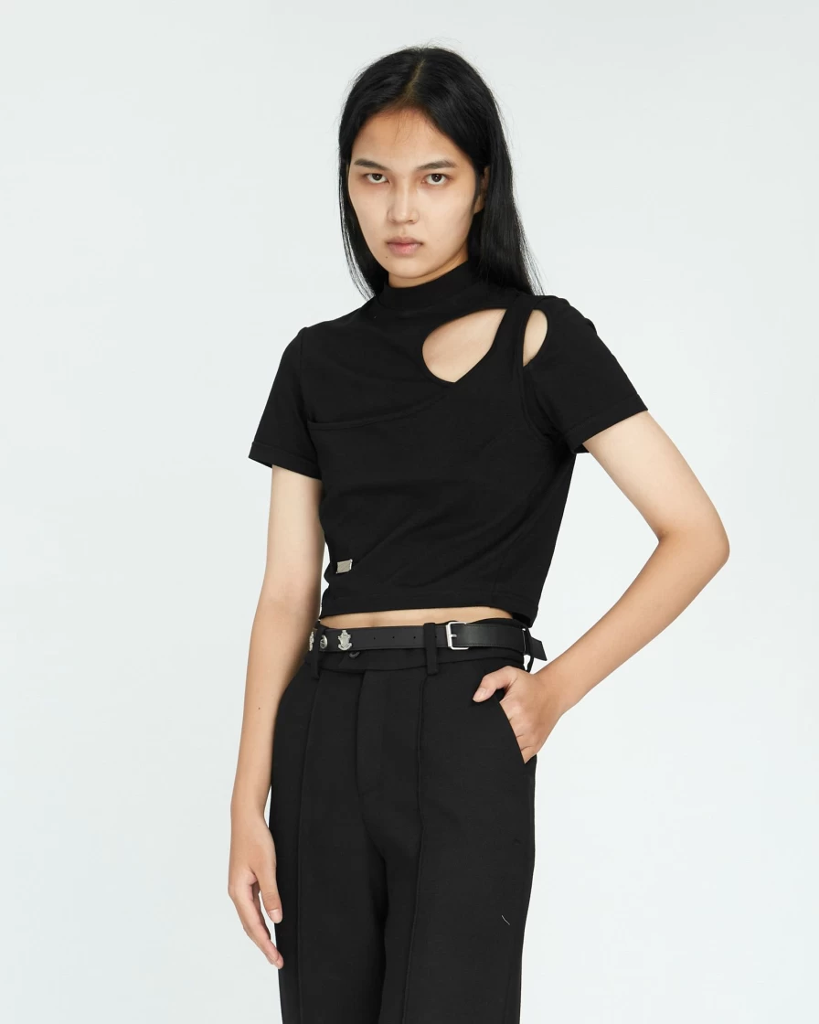 C2H4 Arc Layered Cut-Out Oversized T-Shirt - Distressed Streetwear Tee for Men and Women