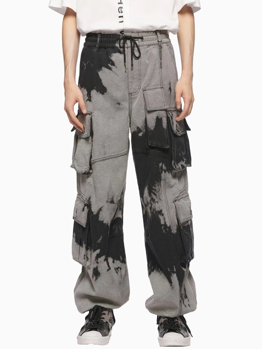 Feng Chen Wang Denim Tie-Dye Cargo Pants - Distressed Vintage Style High-Waisted Wide Leg Trousers for Men and Women