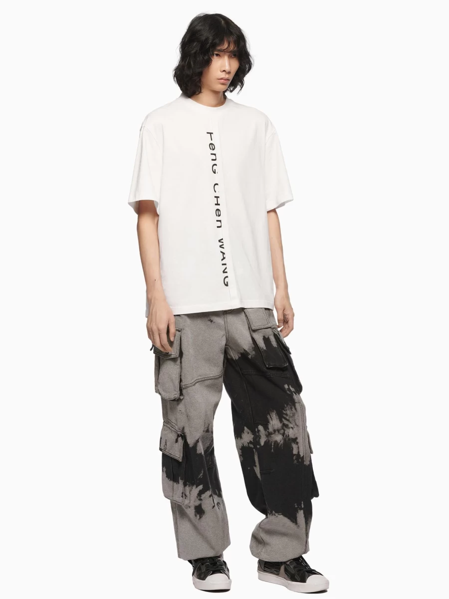 Feng Chen Wang Denim Tie-Dye Cargo Pants - Distressed Vintage Style High-Waisted Wide Leg Trousers for Men and Women