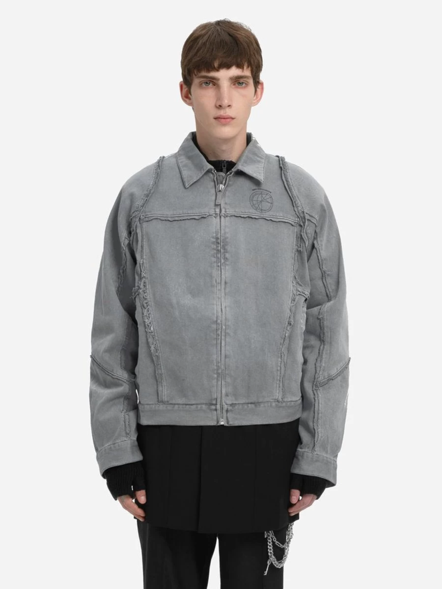 C2H4 Garment Dye Paneled Streamline Work Jacket - Stylish Distressed Denim Coat for Men and Women